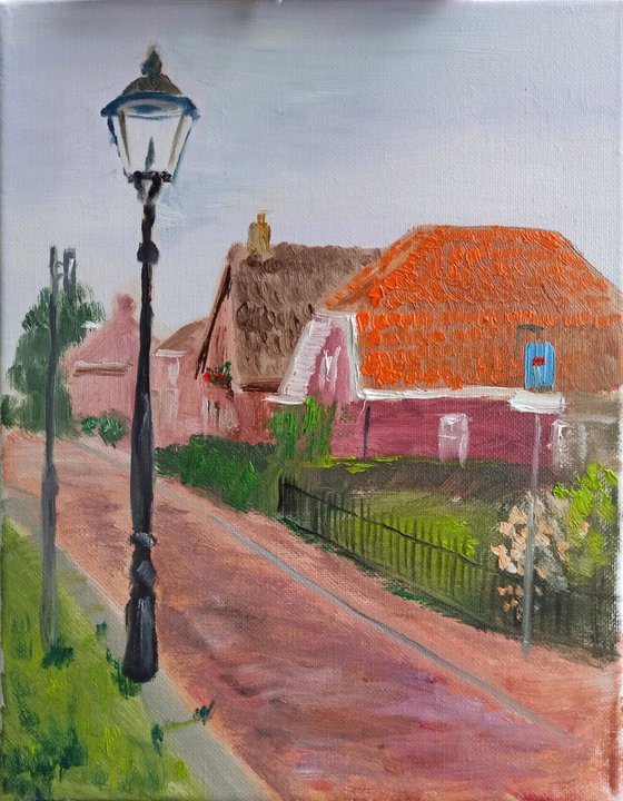 The small Dutch house with orange roof and lamppost. Plein Air
