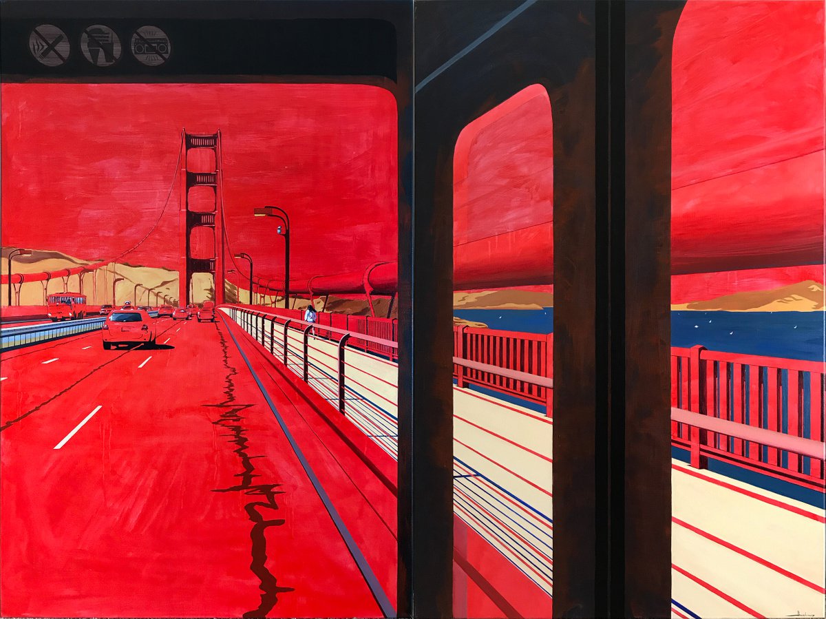 Urban And Pop Cityscapes Acrylic Painting By Alex Nizovsky, 80 X 60, Golden Gate Bridge Transit, Original Artwork