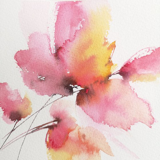 Abstract pink flower painting, small watercolor art