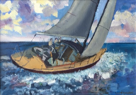 Racing for the finish! An original oil painting.
