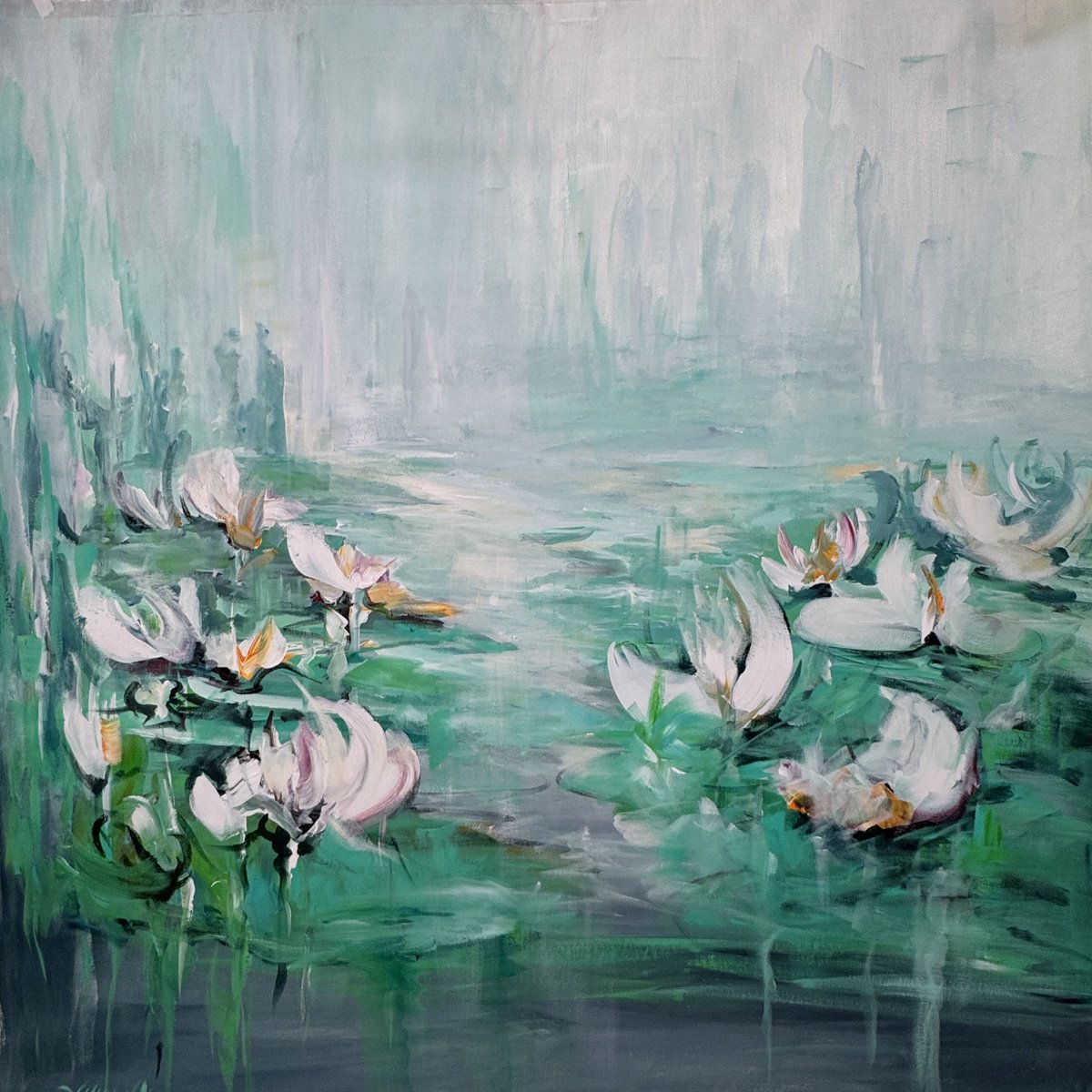 Abstract Acrylic Painting By Liliana Gigovic, 65 X 65", Harmony In Mist, Original Artwork