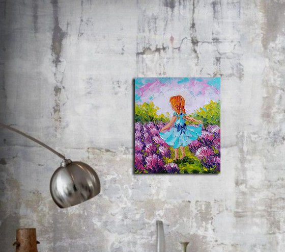 Redhead in lavender -  oil painting, child, lavender, childhood, girl, children, lavender field