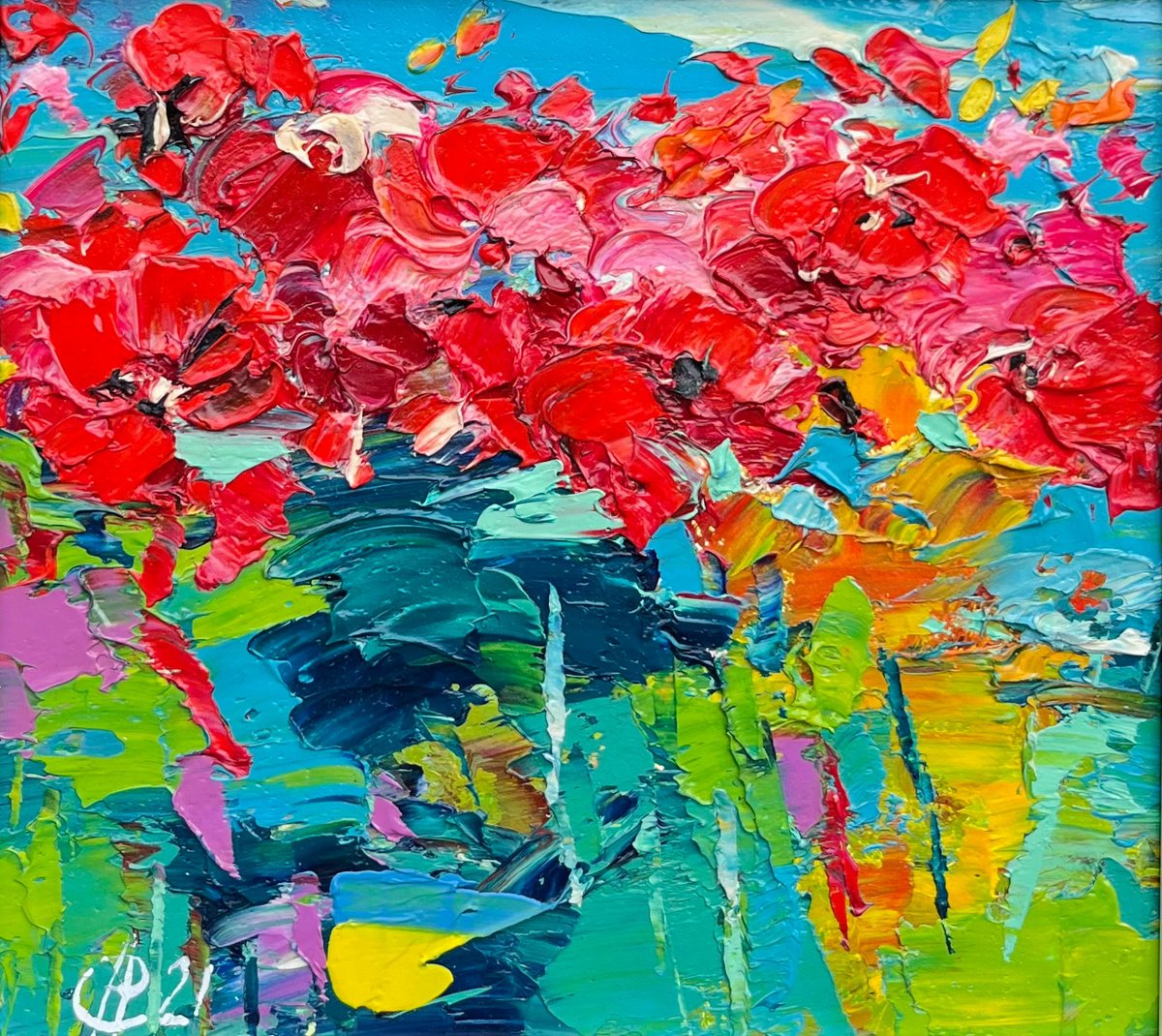 Abstract Botanical Oil Painting By Svitlana Andriichenko, 9 X 8", Poppies In The Field, Original Artwork