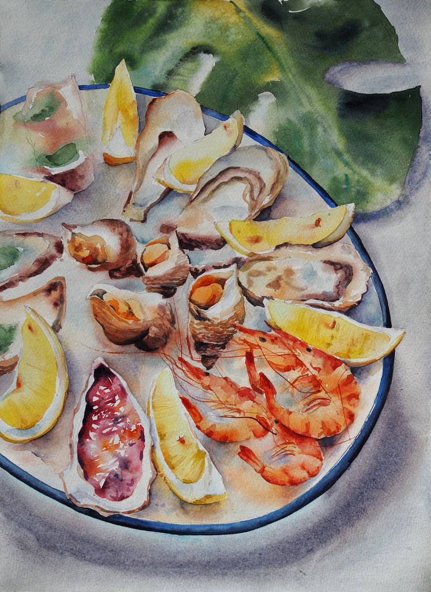 Seafood plate - original meditterianean kitchen watercolor by Delnara El