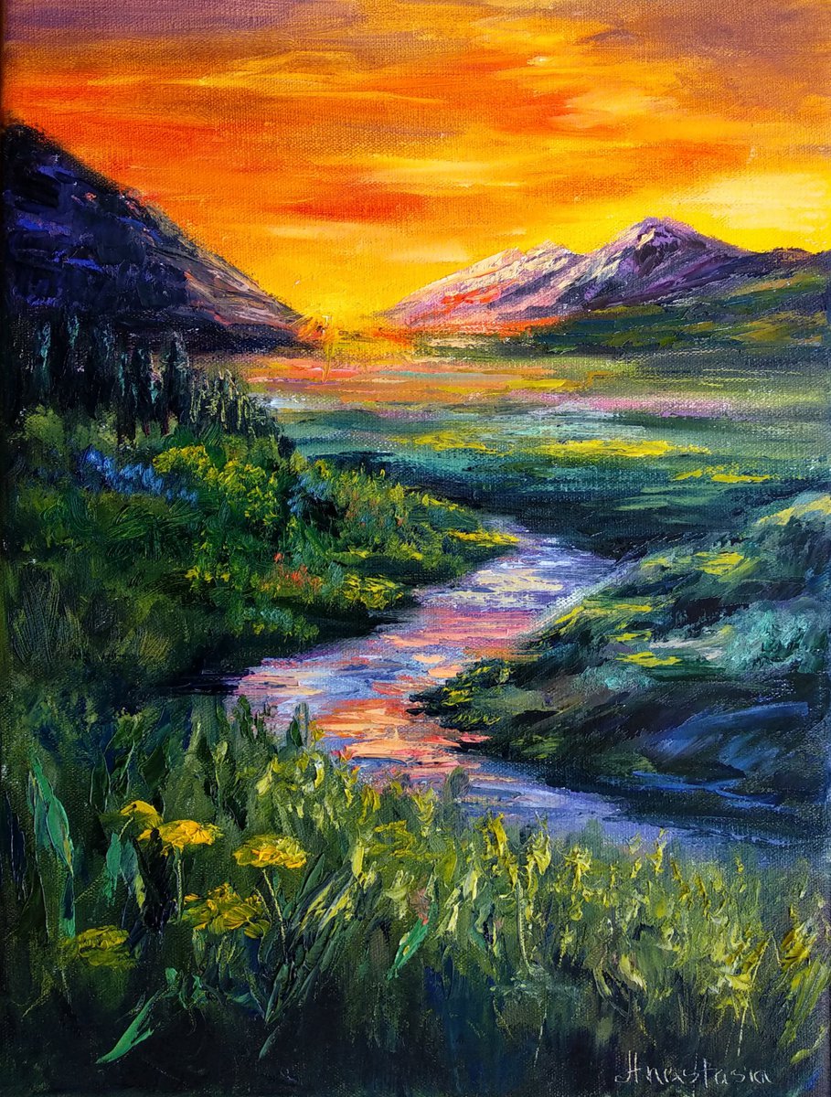 Mountain Landscape Summer Sunset Lights Sky View Ready to Hang by Anastasia Art Line