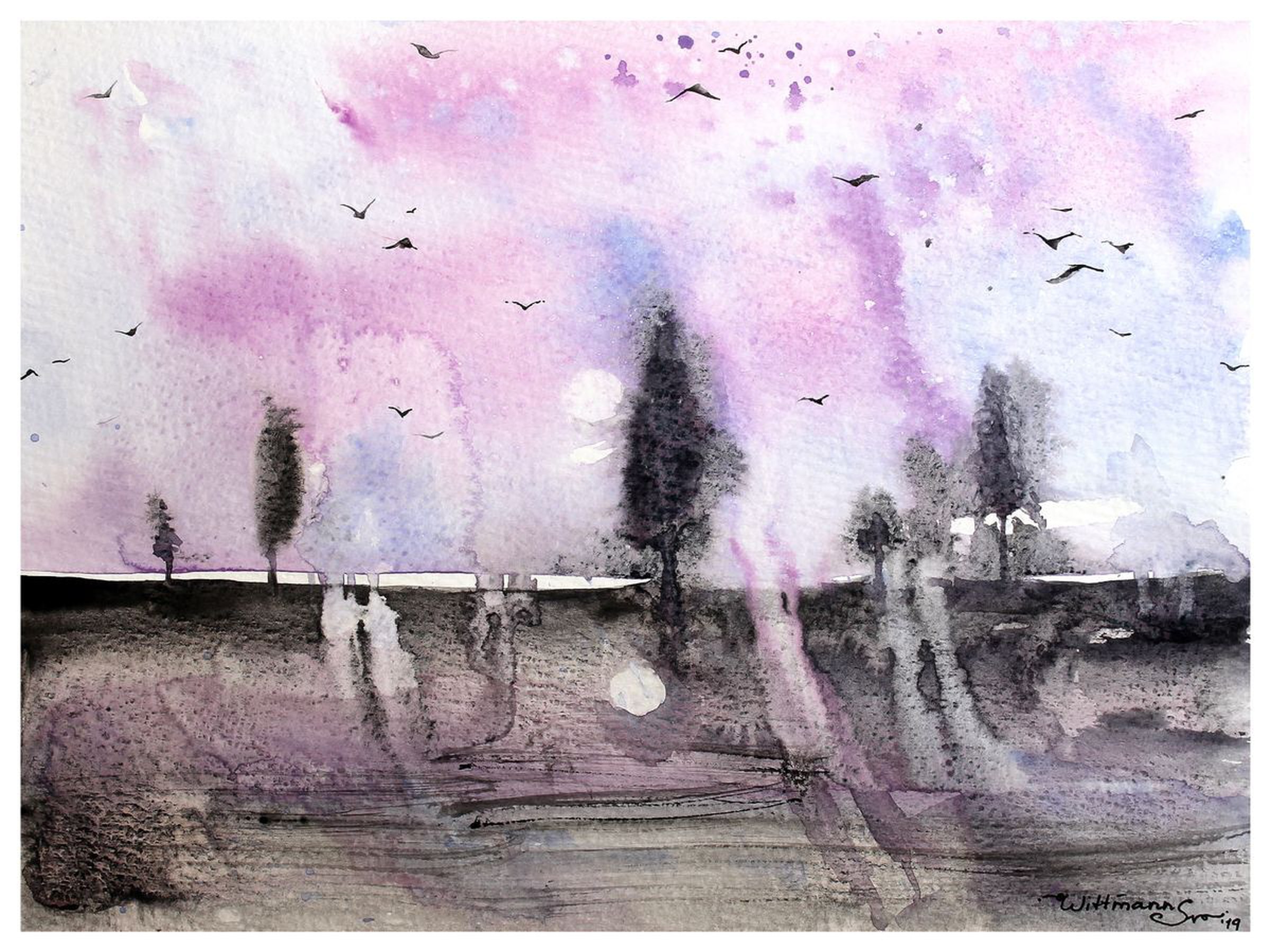 Purple Moonlight Watercolour Painting With Even Artfinder