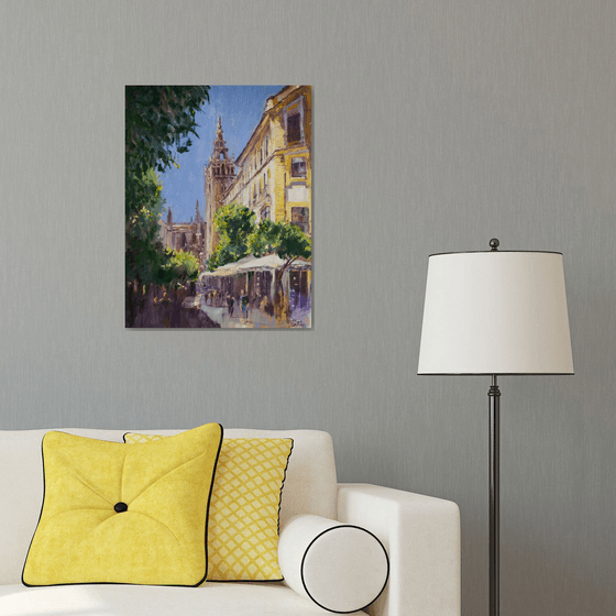 Sevilla. VIEW OF GIRALDA IN SUNNY DAY. ORIGINAL oil painting. contrast BRIGHT CITY URBAN LANDSCAPE VIEW SUN LIGHT