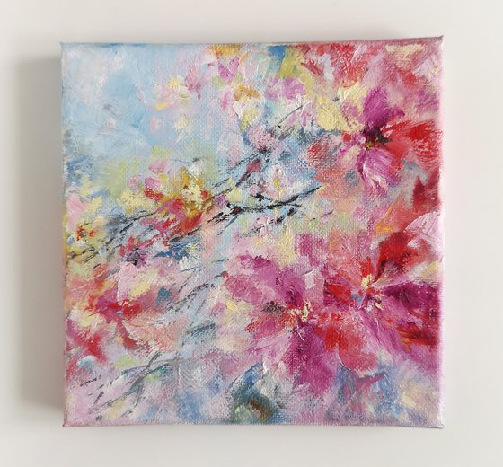 Abstract colorful flowers small oil painting