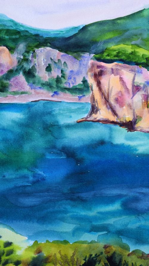 Greece seascape large original watercolor painting, coastal home decor by Kate Grishakova