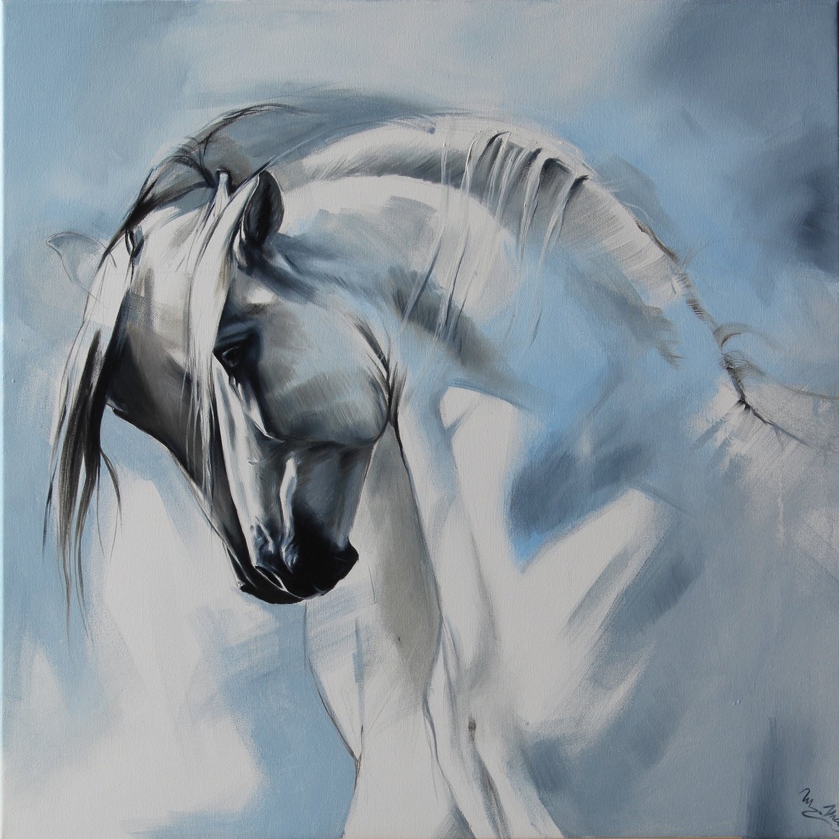 Expressive Animal Oil Painting By Marie Madej, 28 X 28", Horse Love, Original Artwork