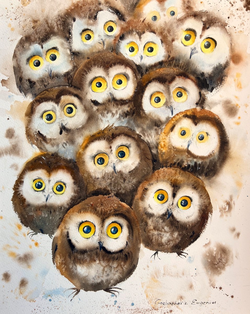 Impressionistic Animal Watercolour By Eugenia Gorbacheva, 12 X 15, Cheerful Family #2, Original Artwork