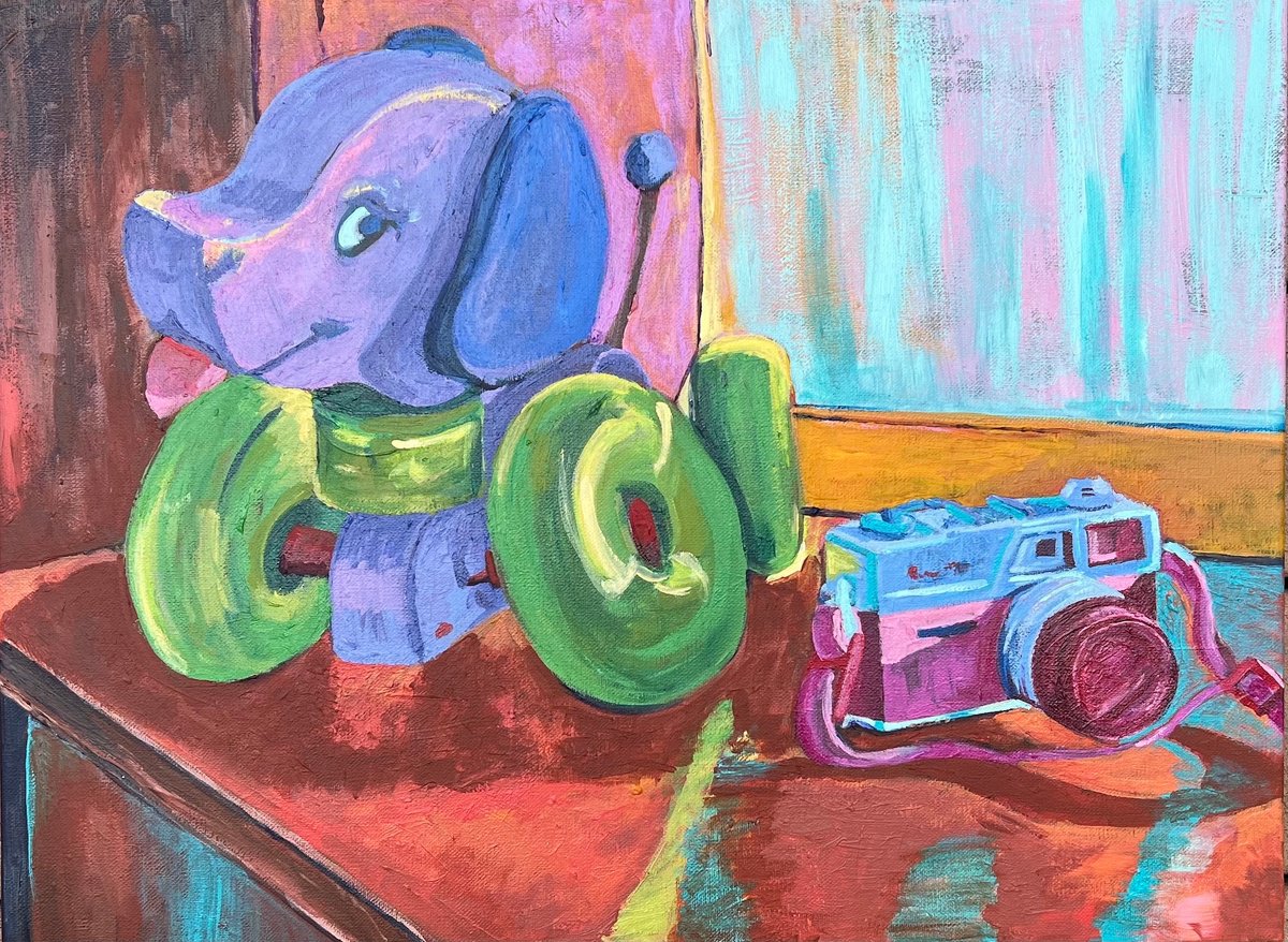 Still Life Acrylic Painting By Heather Kostal, 24 X 18, Wobbly Dog, Original Artwork