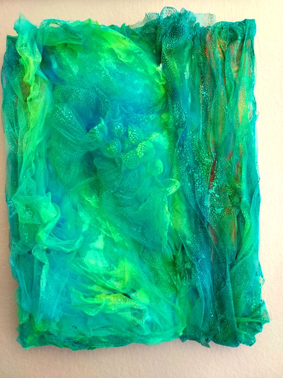 Abstract Painting Textile Art on Canvas Mixed Media Coral Reefs Ocean Tulle Art Emerald Seas