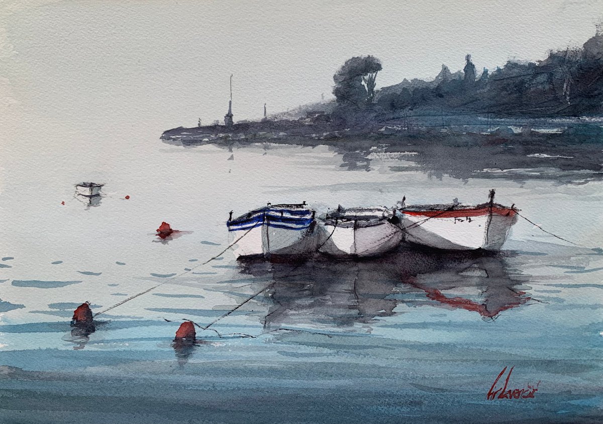Impressionistic Landscape Watercolour By Tihomir Cirkvencic, 13 X 9", Three Old Boats, Original Artwork