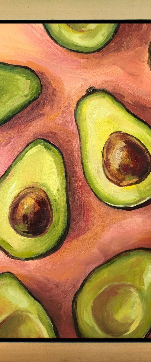 OTHER HALVES, Original Vibrant Minimalist Still life Avocados Oil Painting by Nastia Fortune