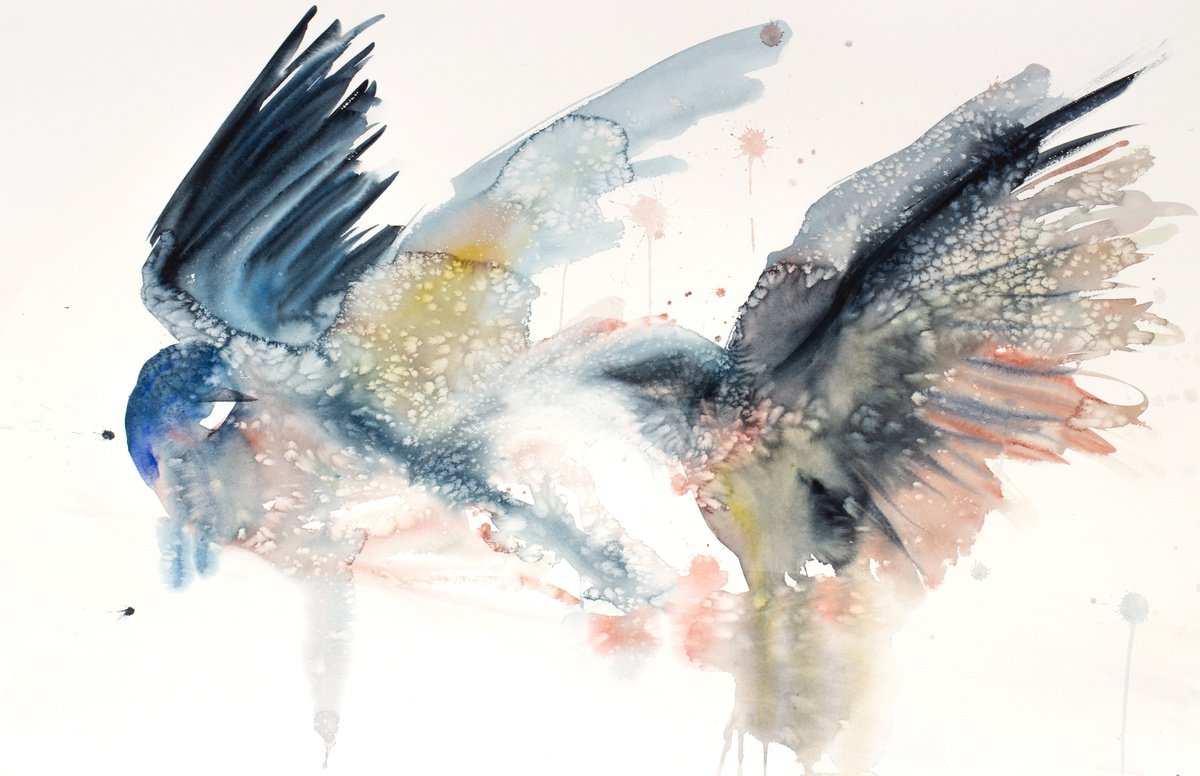 Expressive Animal Watercolour By Elizabeth Becker, 40 X 26, Herons In Flight No. 5, Original Artwork