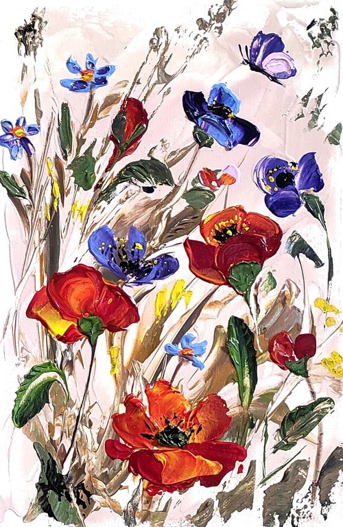 "Flower fantasy" 30x20x2cm Original oil painting on board,ready to hang by Elena Kraft