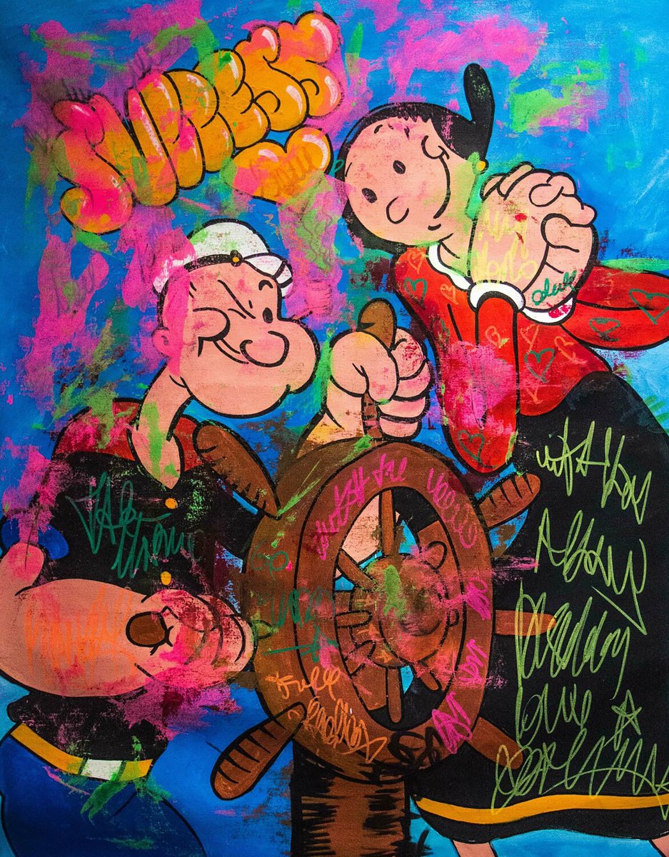 Urban And Pop Acrylic Painting , Love Is In The Air Ft. Popeye And Olivia By Carlos Pun Art, 28 X 35, Artwork For Sale On Artfinder