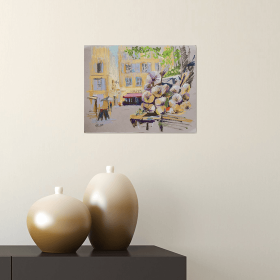 Aix-en-Provence market. Oil pastel painting. original garlic provence france neutral small painting interior decor