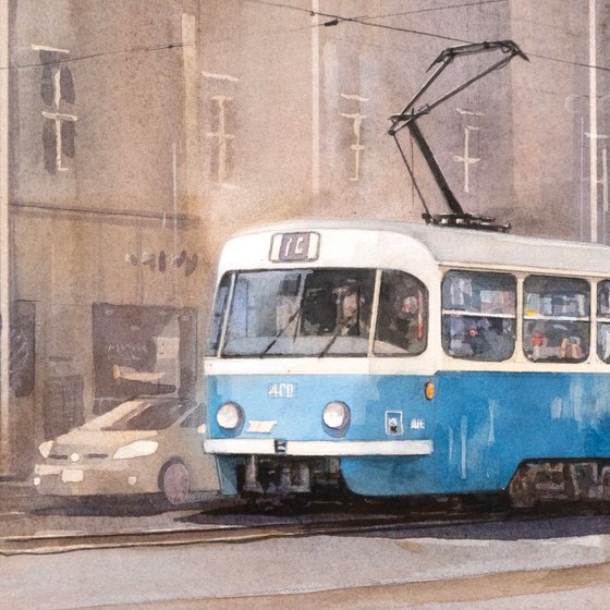 Two-Car Blue Tram - 40x30cm Watercolor