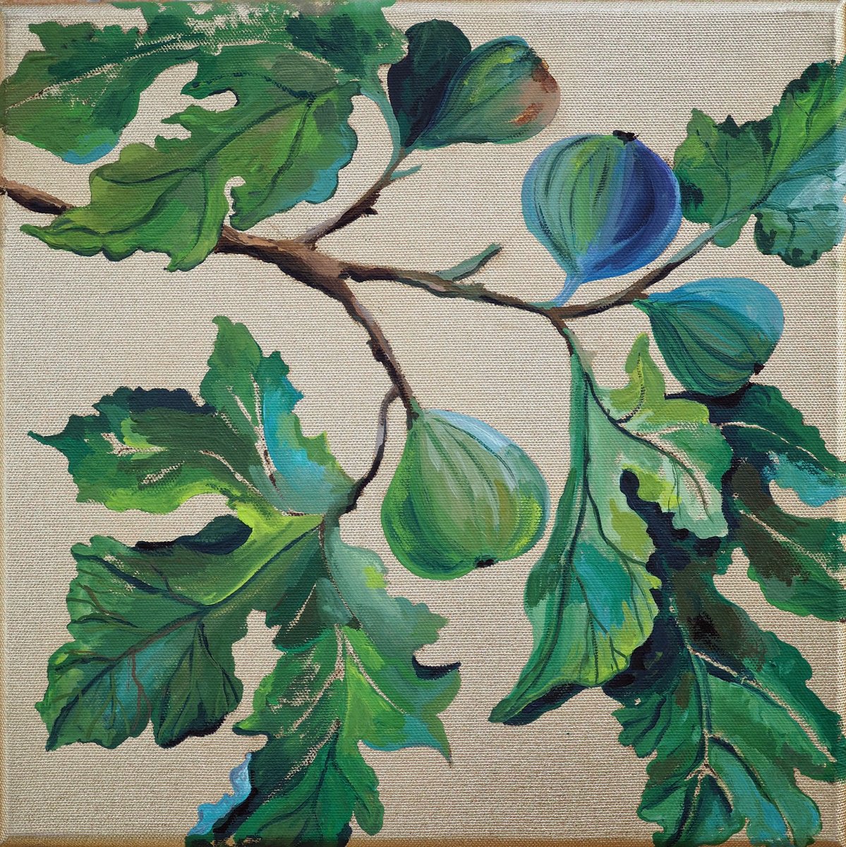 Impressionistic Botanical Acrylic Painting By Delnara El, 12 X 12, Figs On Gold, Original Artwork