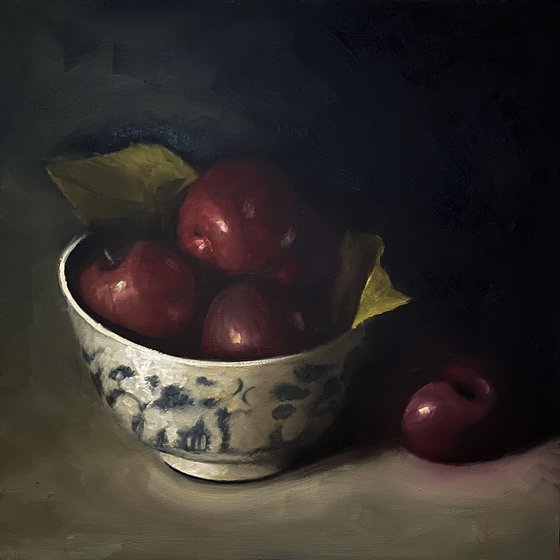 plums in a china bowl