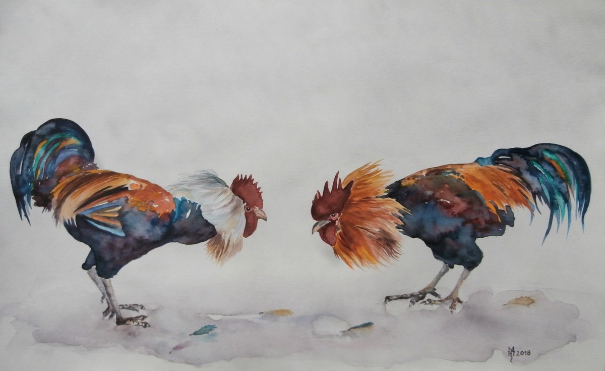 Impressionistic Animal Watercolour By Zoran Mihajlovic Muza, 21 X 13", Battle, Original Artwork