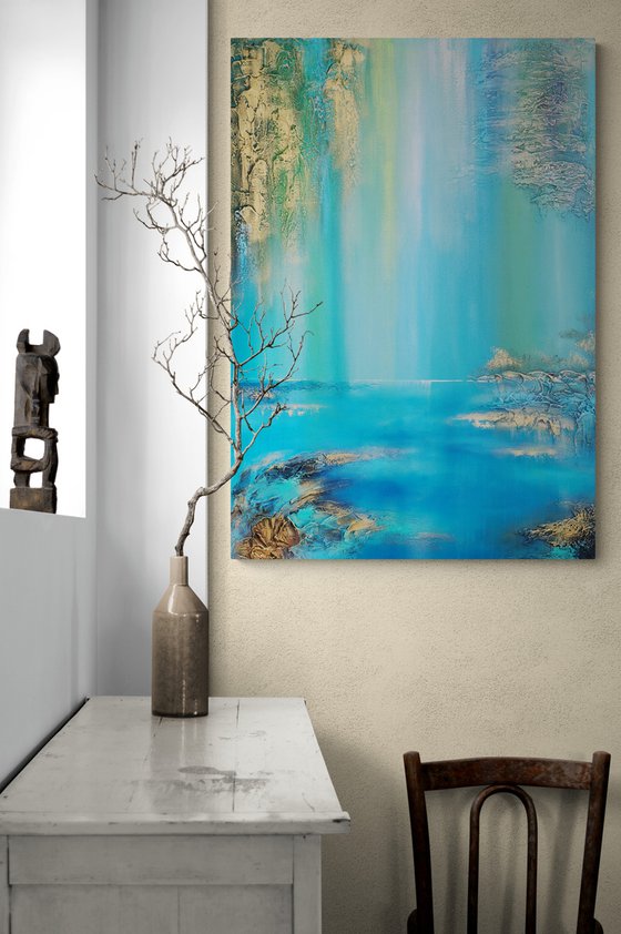 A XL large semi-abstract beautiful structured mixed media painting of a lake "Under the willow"