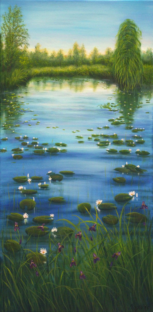 Impressionistic Landscape Oil Painting By Ludmilla Ukrow, 20 X 39", Serene Lily Pond 2, Original Artwork
