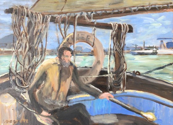 At the helm, an original maritime oil painting.