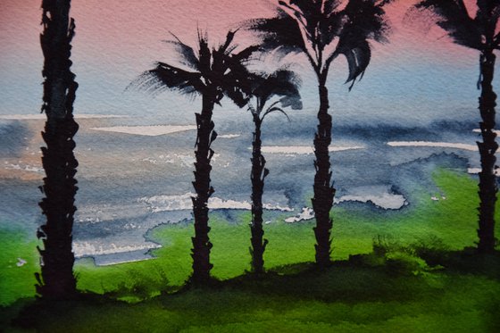 Palms Watercolour Painting, Sea Beach Original Art, Coastal Wall Decor