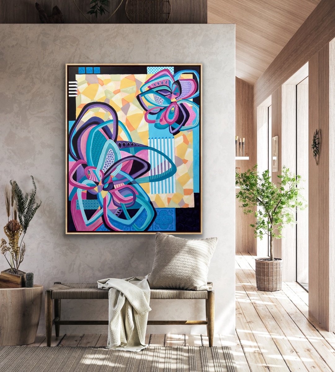 Abstract Acrylic Painting By Samantha Malone, 38 X 47", Threaded Petals, Original Artwork