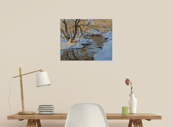 Rays of the setting Sun over the spring river - sunset landscape painting
