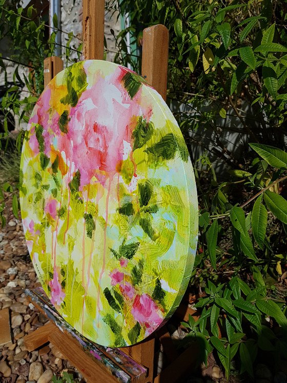 Floral poetry n°1 - acrylic painting on round canvas - home decor flowers pink and green decorative artwork shabby chic style modern contemporary art dripping