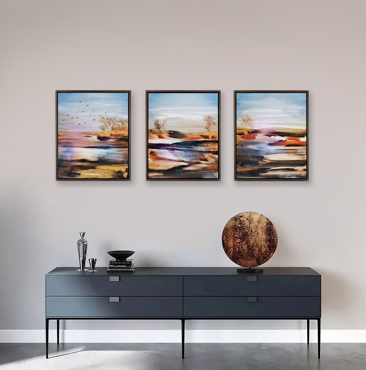 Abstract Acrylic Painting By Novi Lim, 56 X 22", Glimpse Of A Time Ii Triptych, Original Artwork