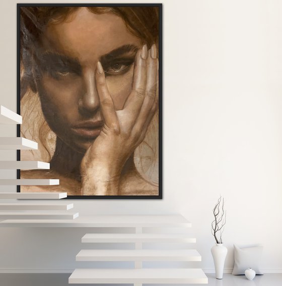 Gaze | Huge female portrait oil on unstretched canvas beautiful model posing with hand mysterious