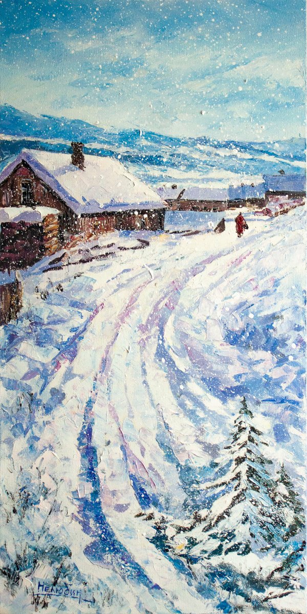 Impressionistic Landscape Oil Painting By Aleksandr Neliubin, 12 X 24, Winter