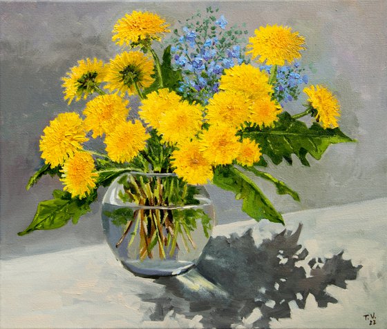 Yellow dandelions. Oil painting. Floral still life. Original Art. 12 x 14