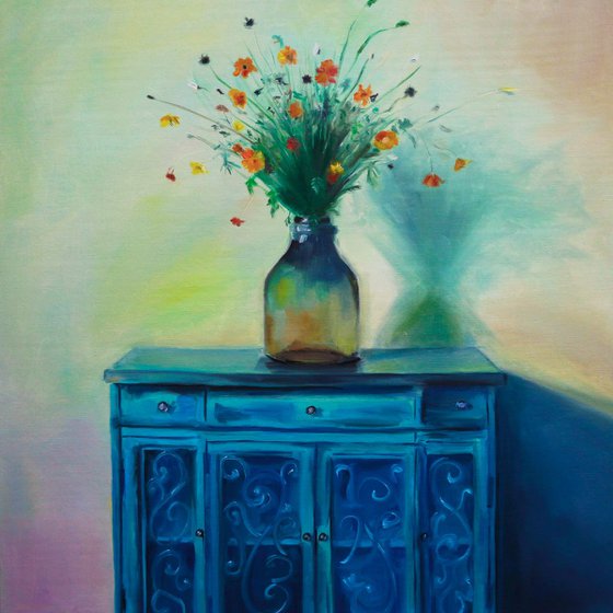 Oil painting on canvas "Blue sideboard" Painting of interior Wildflowers Still life painting