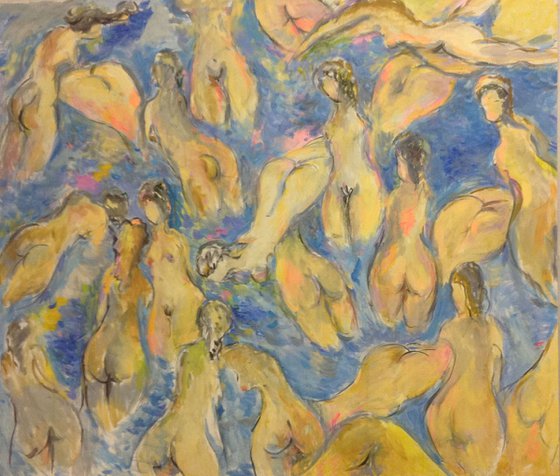 BIG BATHERS - Large abstract nude art original painting, erotic, love, lovers, beautiful, blue pastel colours, gift for him, bedroom art, 170x200cm