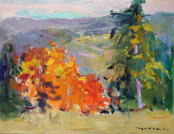 Mountain firs | Walk in the wood | moments of autumn | Original oil painting