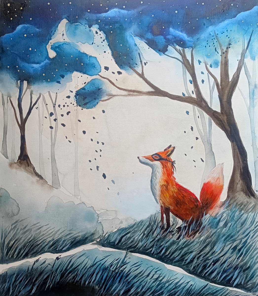 Surrealistic Animal Painting By Evgenia Smirnova, 14 X 16, Fox In The Blue Forest, Original Artwork