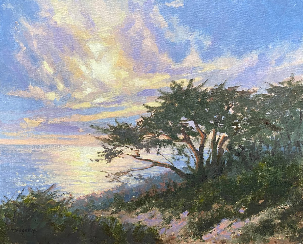 Impressionistic Landscape Oil Painting By Tatyana Fogarty, 20 X 16", Sunset Sky Reflections Seascape, Original Artwork