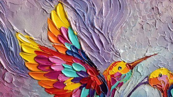 Pink dream - birds, hummingbirds oil painting, texture paste, love oil painting, birds oil painting, hummingbirds, love, animals oil painting, art bird, impressionism, palette knife, gift idea.