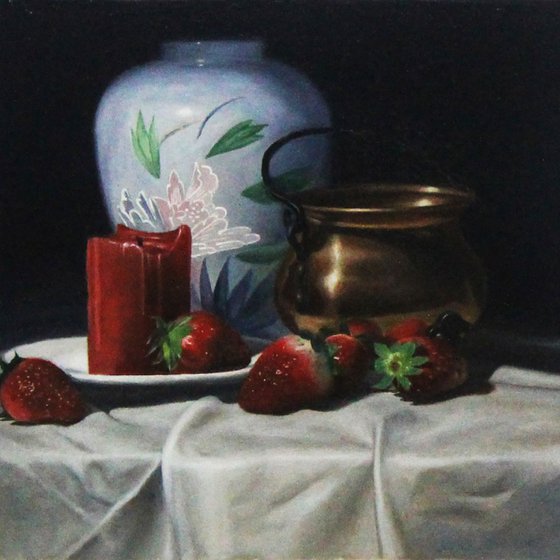 White Vase, Copper Jar, Candle and Strawberries