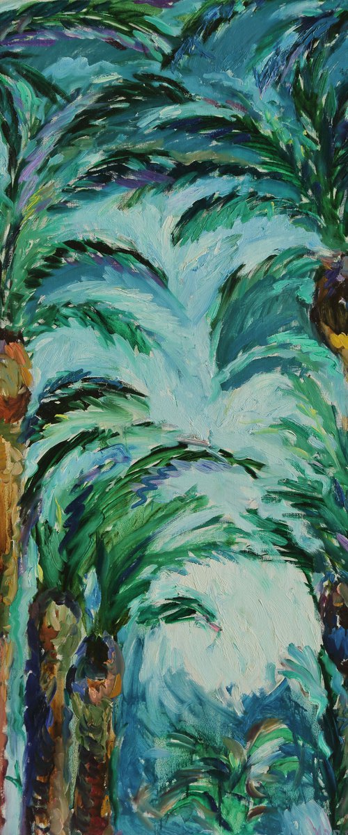 PALMS REACHING FOR THE SKY - original landscape art, summer plant tree, large size by Karakhan