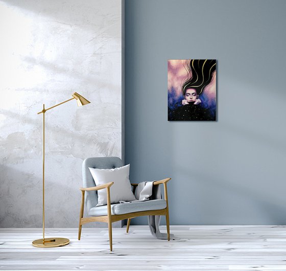 Wind of change | 40*50 cm | portrait of a dreaming girl and stars