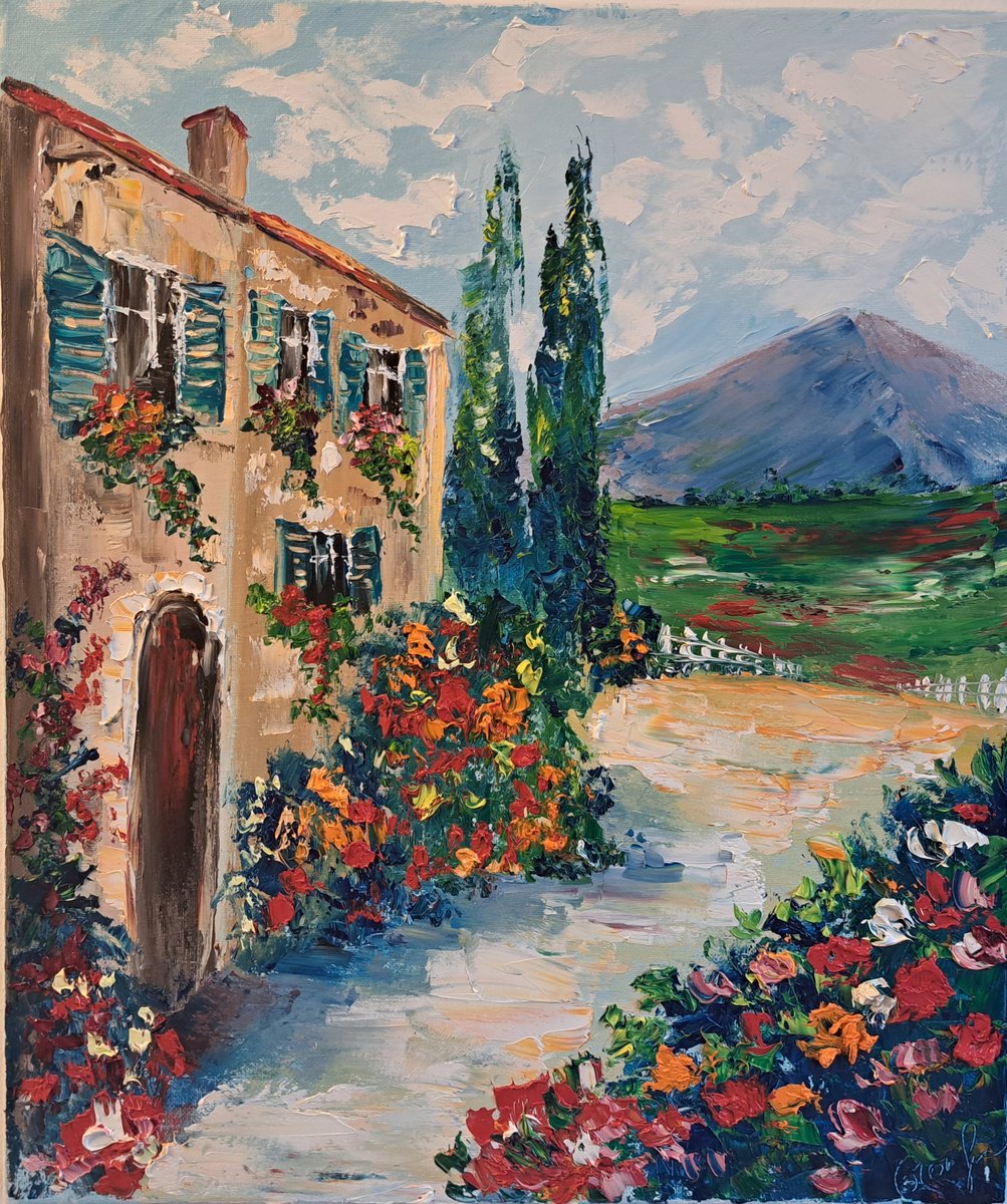 Impressionistic Cityscapes Oil Painting By Oksana Fedorova, 16 X 20", Italy Patio, Original Artwork
