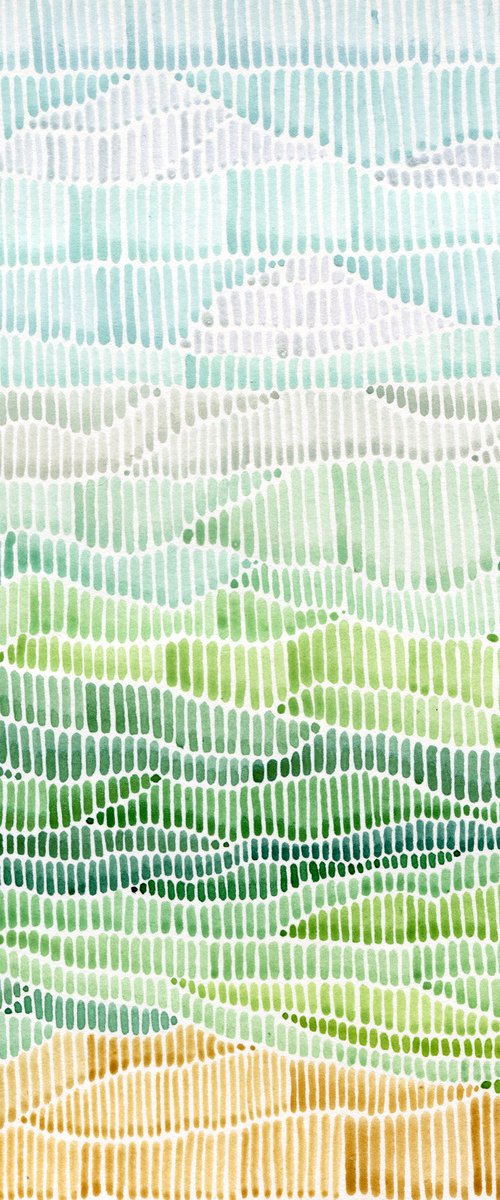 Original watercolor abstract landscape of green hills and cloudy sky by Liliya Rodnikova