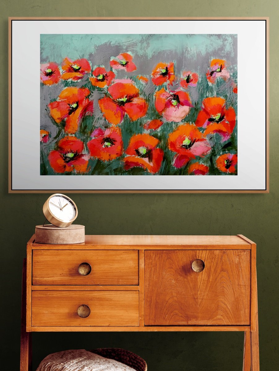 Impressionistic Botanical Acrylic Painting By Evgen Semenyuk, 35 X 24, Echoes Of Scarlet Shades, Original Artwork